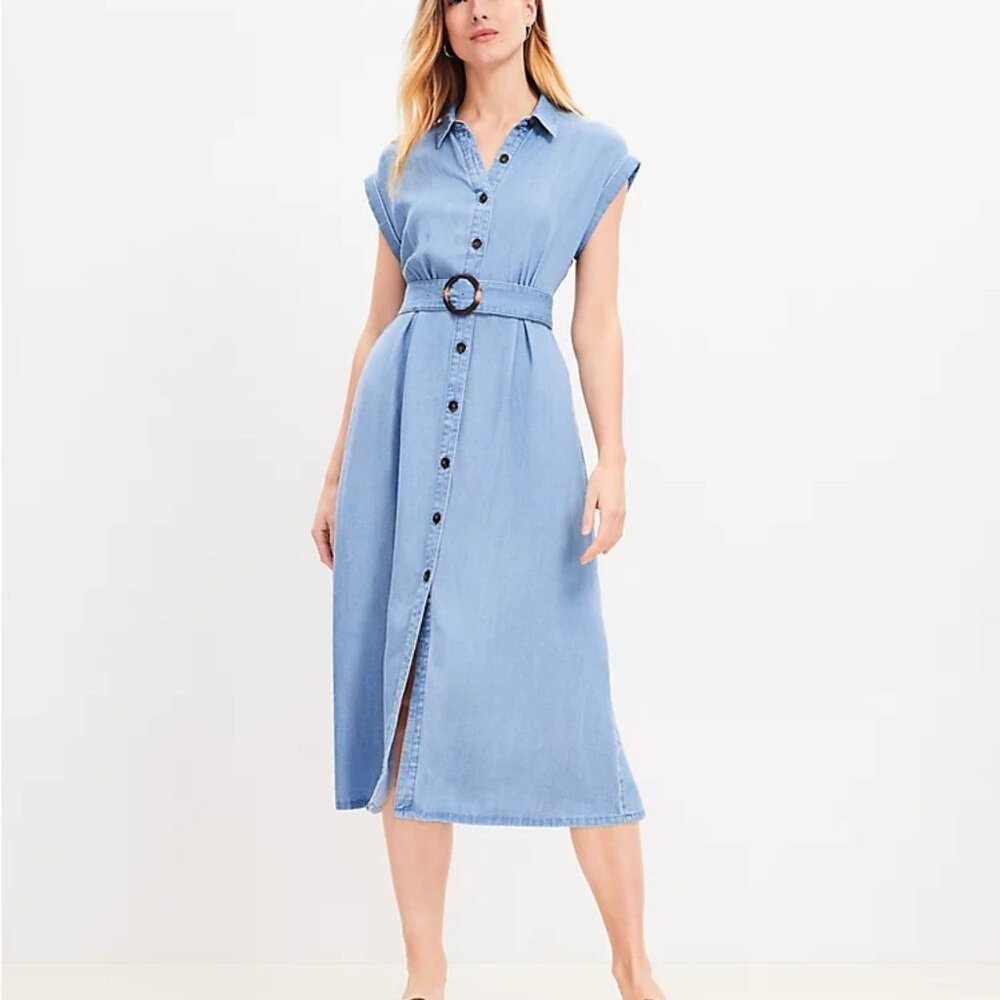NEW LOFT Petite Women Chambray Midi Pocket Shirtdress Size 10 Petite
